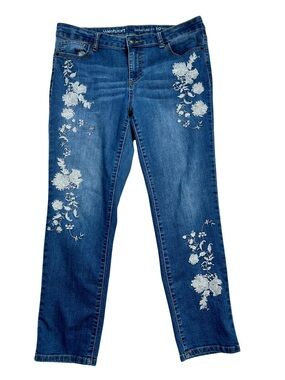 Westport Boyfriend Blue Straight-Leg Jeans with White Floral Embroidery